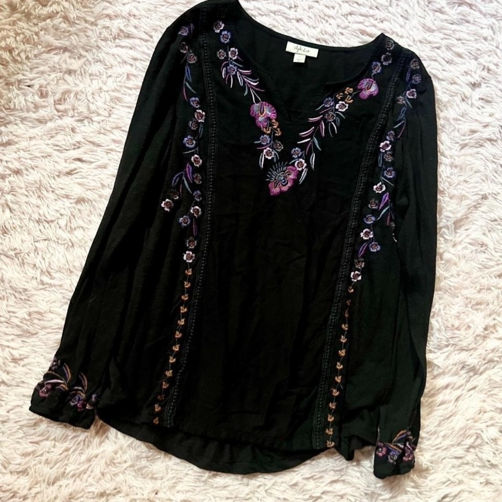 Witchy Boho Cottage Core Earthy Floral Embroidered Top Womens L Lagenlook Hippie